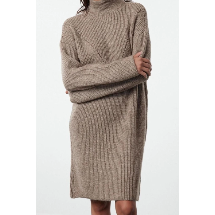 Kadın Moda Şık Mini Boy Dik Yaka Regular Triko Yumuşak Dokulu Kazak Elbise