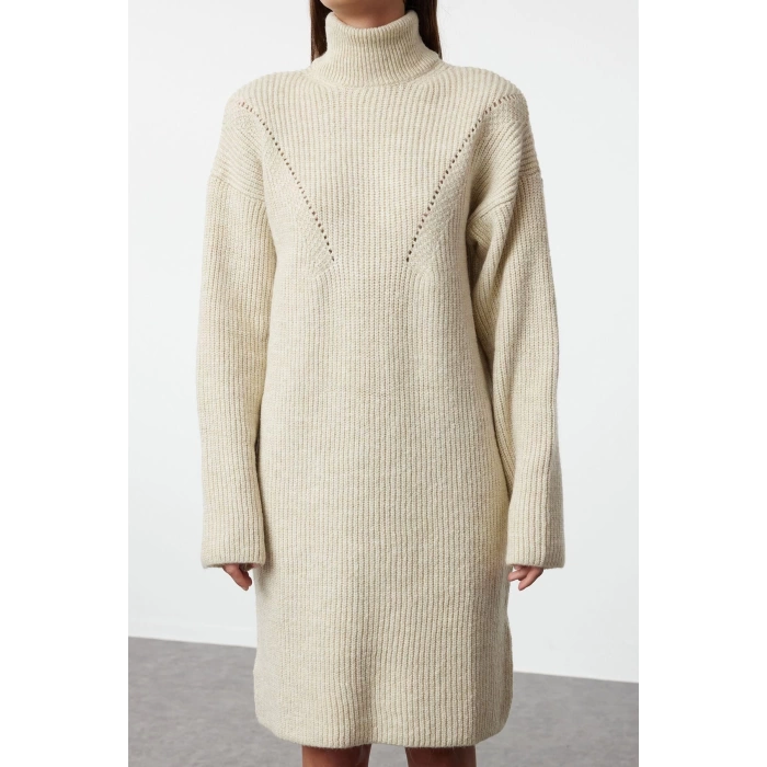 Kadın Moda Şık Mini Boy Dik Yaka Regular Triko Yumuşak Dokulu Kazak Elbise