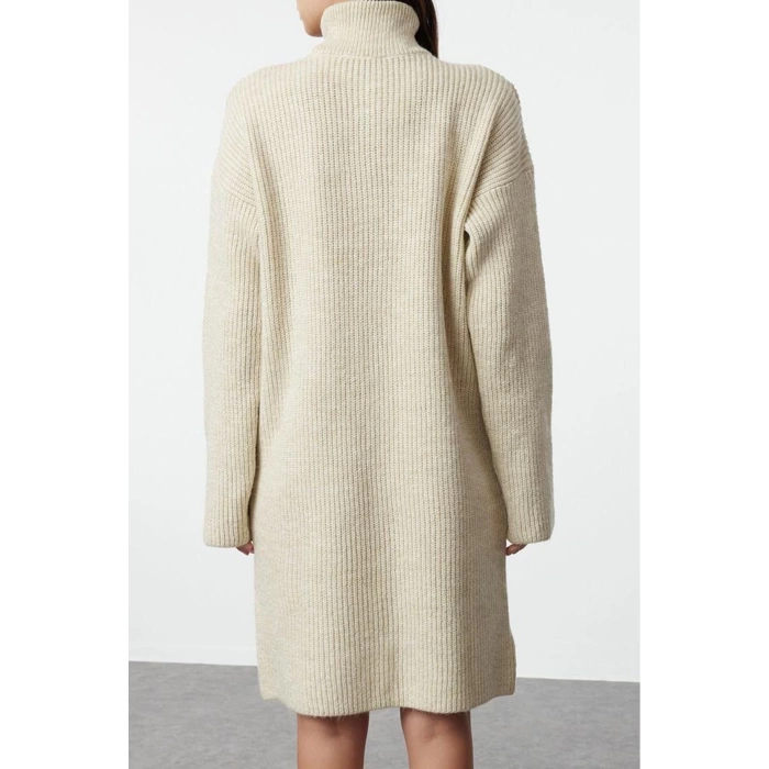 Kadın Moda Şık Mini Boy Dik Yaka Regular Triko Yumuşak Dokulu Kazak Elbise