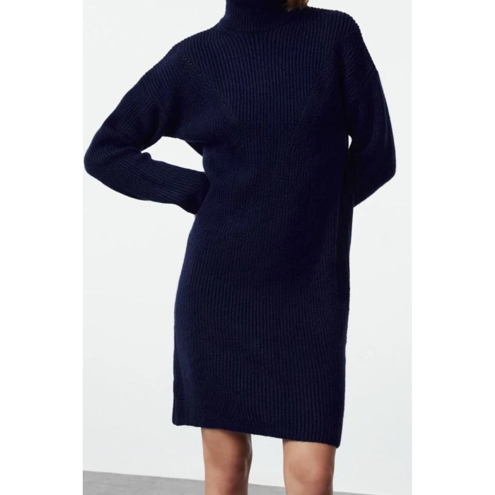 Kadın Moda Şık Mini Boy Dik Yaka Regular Triko Yumuşak Dokulu Kazak Elbise
