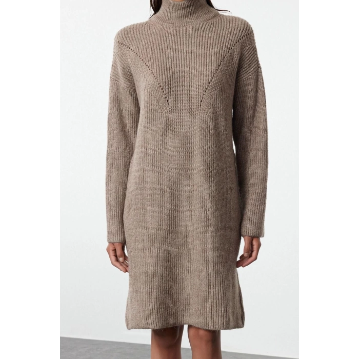 Kadın Moda Şık Mini Boy Dik Yaka Regular Triko Yumuşak Dokulu Kazak Elbise