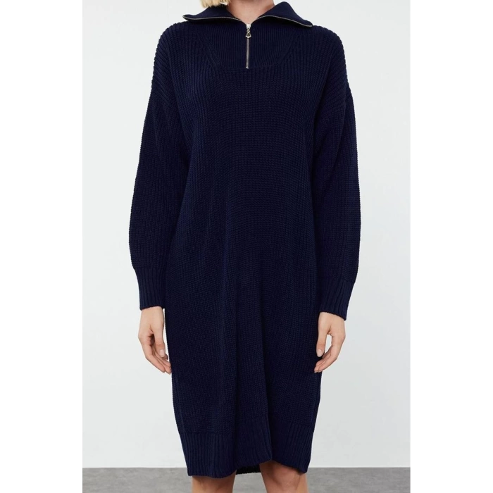 Kadın Moda Şık Mini Boy Dik Yaka Regular Triko Fermuarlı Elbise