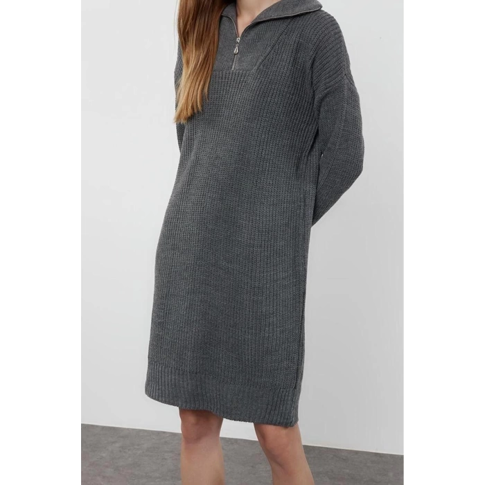 Kadın Moda Şık Mini Boy Dik Yaka Regular Triko Fermuarlı Elbise