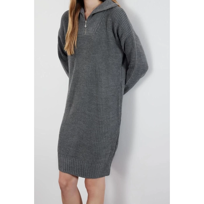 Kadın Moda Şık Mini Boy Dik Yaka Regular Triko Fermuarlı Elbise