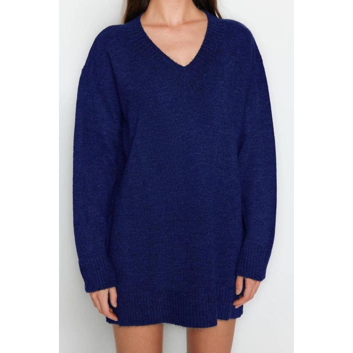 Kadın Moda Şık Mini Boy V Yaka Oversize Triko Yumuşak Dokulu Elbise Triko Yumuşak Dokulu