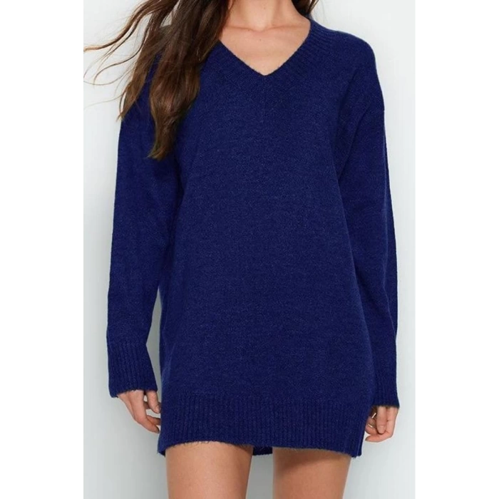 Kadın Moda Şık Mini Boy V Yaka Oversize Triko Yumuşak Dokulu Elbise Triko Yumuşak Dokulu