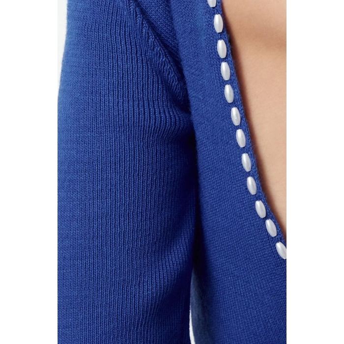 Kadın Moda Şık Mini Boy Bisiklet Yaka Slim Triko Sırt İnci Detaylı Elbise