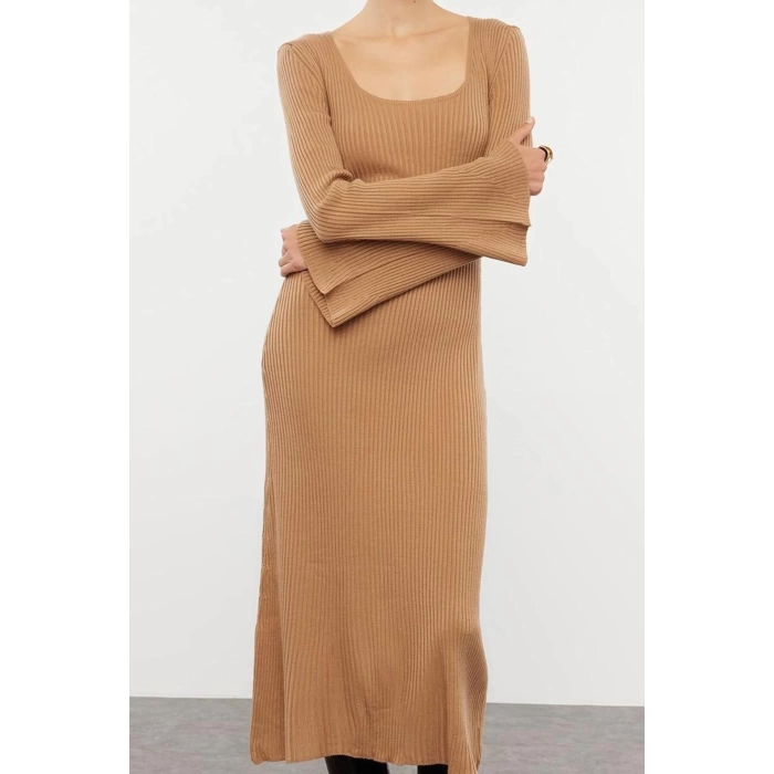 Kadın Moda Şık Midi Boy Kare Yaka Slim Triko Basic Kol Ucu Detaylı Elbise