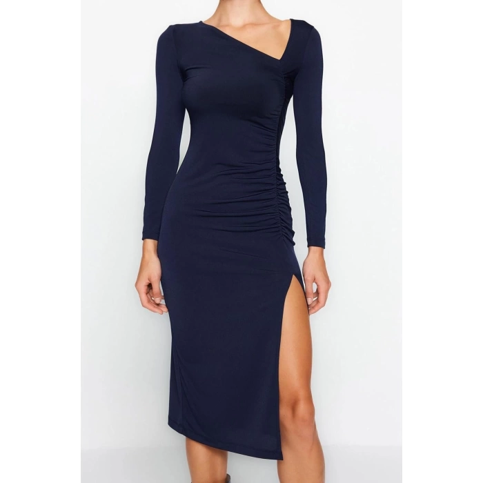 Women Fashion Stylish Midi Length Asymmetrical Neck Slim Slit Knitted Dress