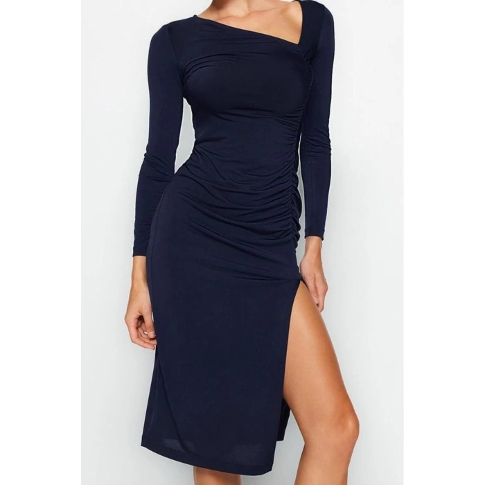 Women Fashion Stylish Midi Length Asymmetrical Neck Slim Slit Knitted Dress