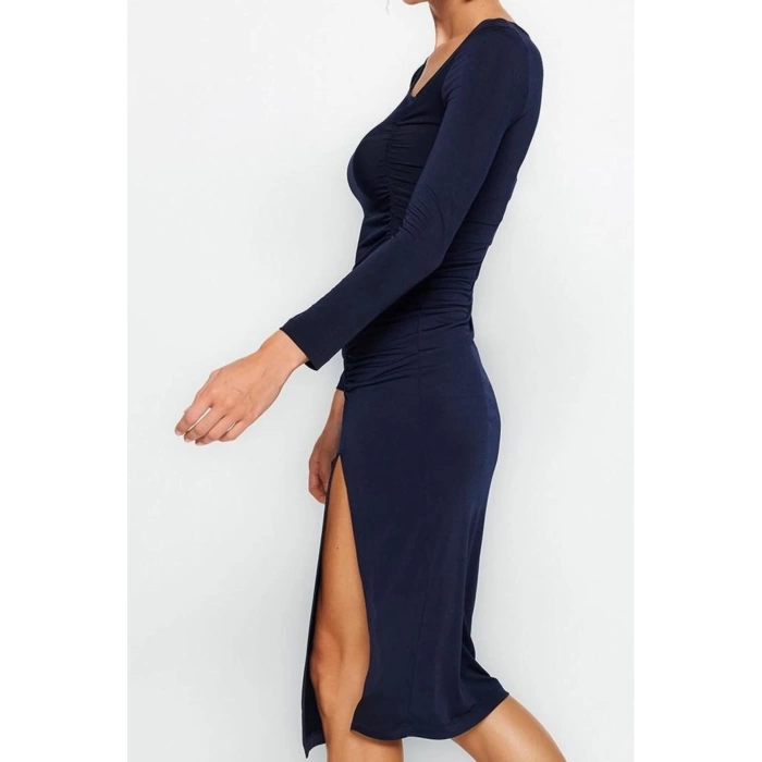 Women Fashion Stylish Midi Length Asymmetrical Neck Slim Slit Knitted Dress