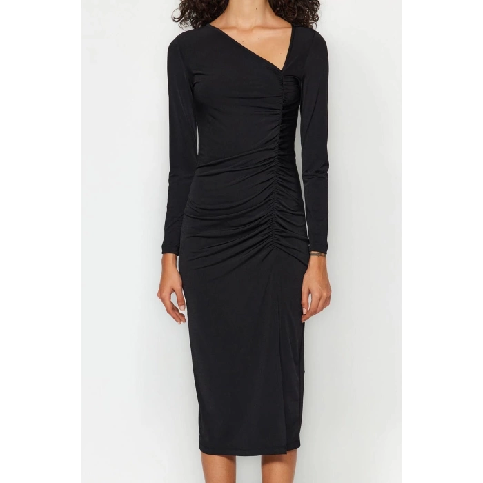 Women Fashion Stylish Midi Length Asymmetrical Neck Slim Slit Knitted Dress