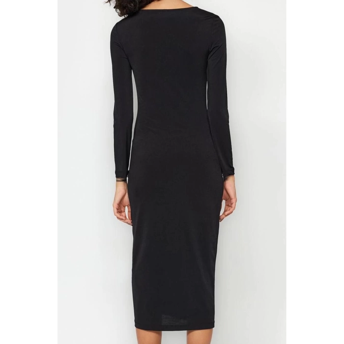 Women Fashion Stylish Midi Length Asymmetrical Neck Slim Slit Knitted Dress