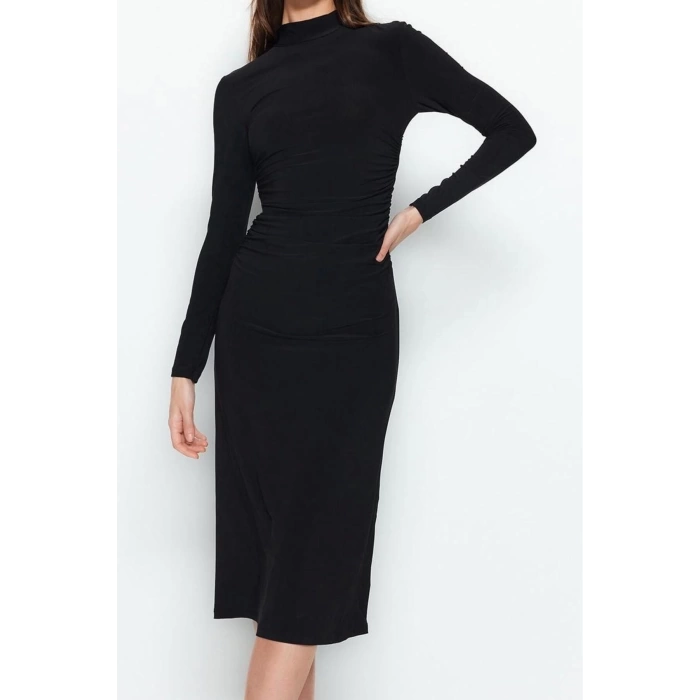 Kadın Moda Şık Midi Boy Dik Yaka Slim Düz Drape Detaylı A-Line Esnek Örme Örme Elbise