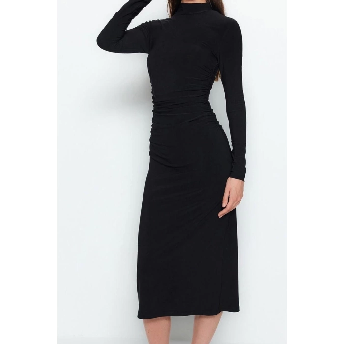 Kadın Moda Şık Midi Boy Dik Yaka Slim Düz Drape Detaylı A-Line Esnek Örme Örme Elbise