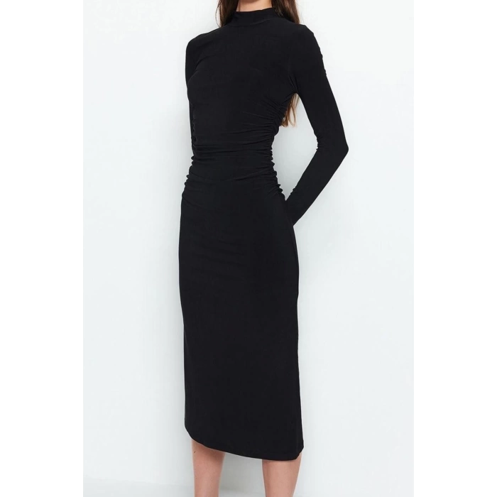 Kadın Moda Şık Midi Boy Dik Yaka Slim Düz Drape Detaylı A-Line Esnek Örme Örme Elbise