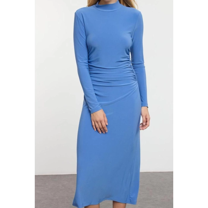 Kadın Moda Şık Midi Boy Dik Yaka Slim Düz Drape Detaylı A-Line Esnek Örme Örme Elbise