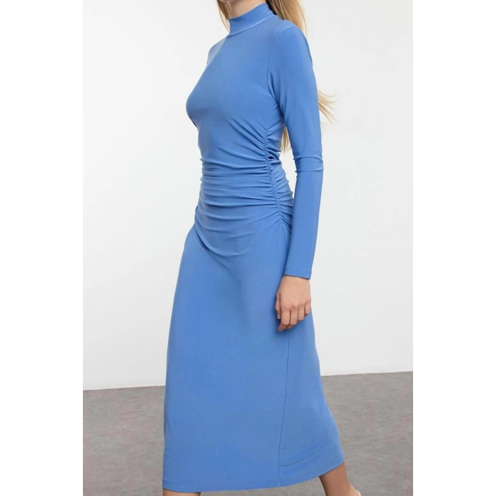 Kadın Moda Şık Midi Boy Dik Yaka Slim Düz Drape Detaylı A-Line Esnek Örme Örme Elbise