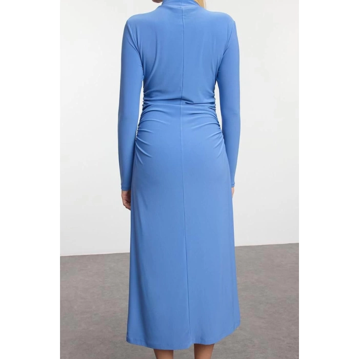 Kadın Moda Şık Midi Boy Dik Yaka Slim Düz Drape Detaylı A-Line Esnek Örme Örme Elbise