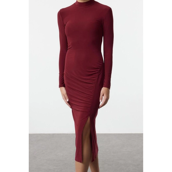Kadın Moda Midi Boy Dik Yaka Slim Düz Drape Detaylı Yırtmaçlı Fitted Vücuda Oturan Esnek Örme Elbise