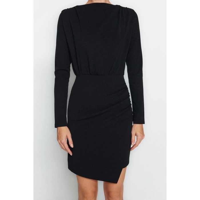 Kadın Moda Şık Mini Boy Kayık Yaka Slim Premium Dokulu Krep Drape Detaylı Örme Elbise