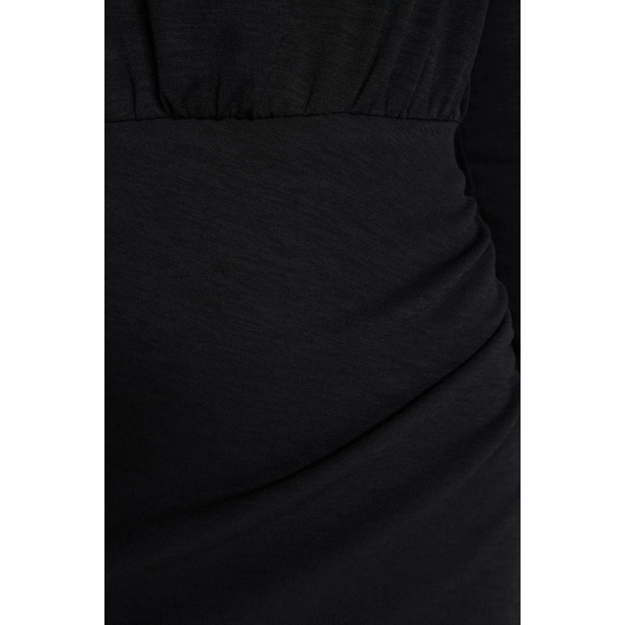 Kadın Moda Şık Mini Boy Kayık Yaka Slim Premium Dokulu Krep Drape Detaylı Örme Elbise