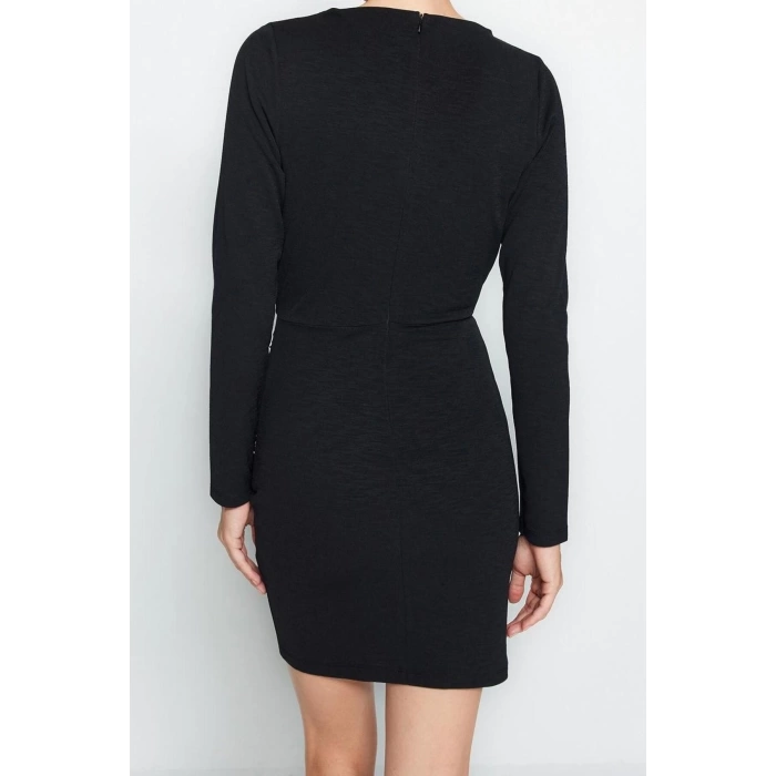 Kadın Moda Şık Mini Boy Kayık Yaka Slim Premium Dokulu Krep Drape Detaylı Örme Elbise