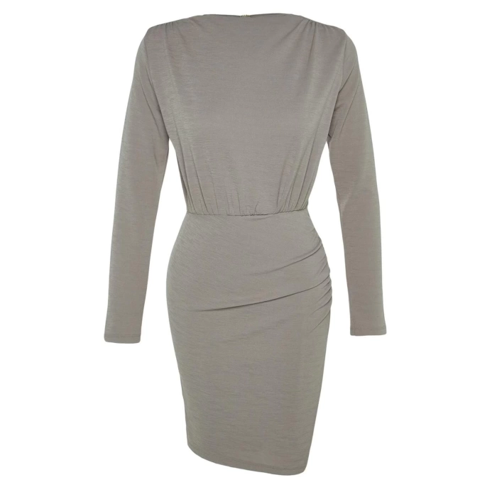 Kadın Moda Şık Mini Boy Kayık Yaka Slim Premium Dokulu Krep Drape Detaylı Örme Elbise