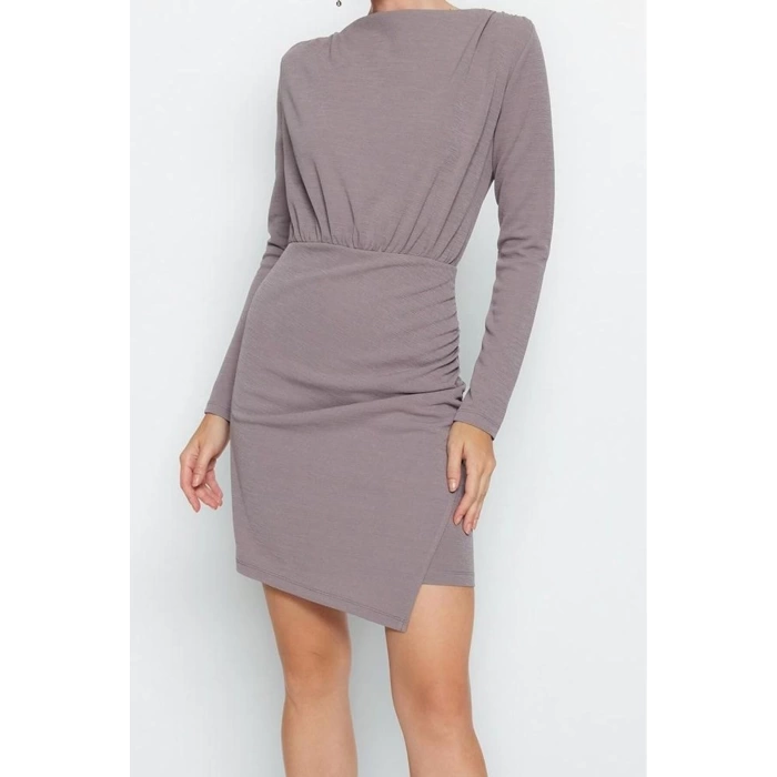Kadın Moda Şık Mini Boy Kayık Yaka Slim Premium Dokulu Krep Drape Detaylı Örme Elbise