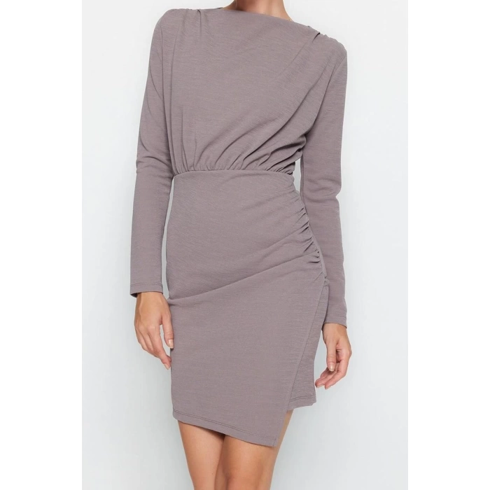 Kadın Moda Şık Mini Boy Kayık Yaka Slim Premium Dokulu Krep Drape Detaylı Örme Elbise