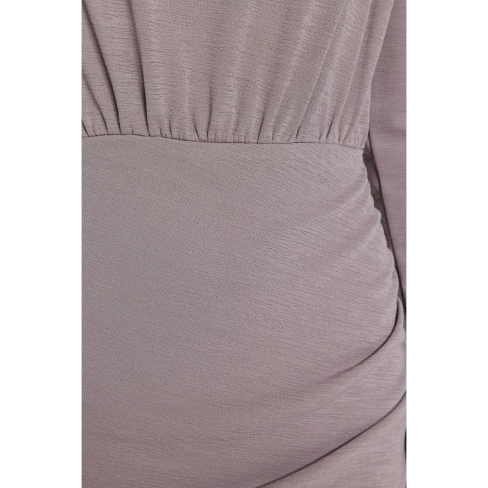 Kadın Moda Şık Mini Boy Kayık Yaka Slim Premium Dokulu Krep Drape Detaylı Örme Elbise