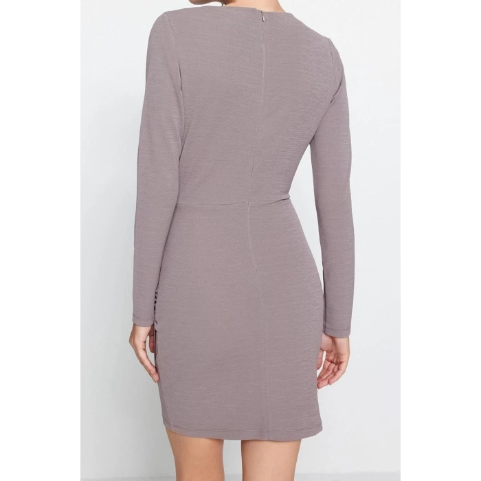 Kadın Moda Şık Mini Boy Kayık Yaka Slim Premium Dokulu Krep Drape Detaylı Örme Elbise