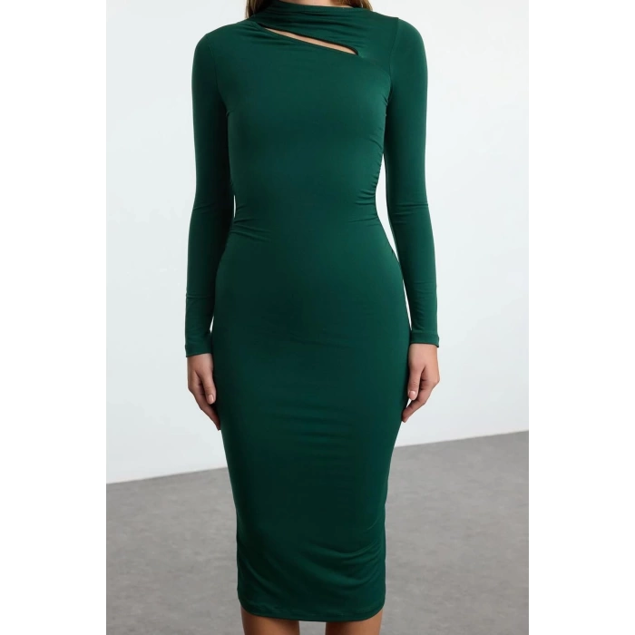 Women Fashion Stylish Midi Length Stand Collar Slim Cut Out Detailed Fitted Body-Smoothing Flexible Knitted Dress
