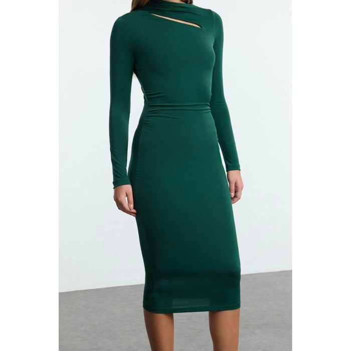 Women Fashion Stylish Midi Length Stand Collar Slim Cut Out Detailed Fitted Body-Smoothing Flexible Knitted Dress