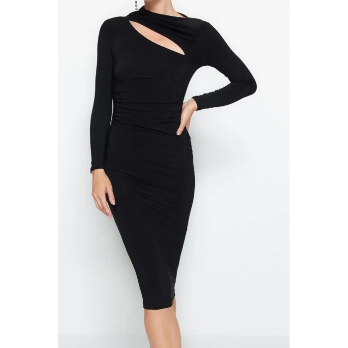 Women Fashion Stylish Midi Length Stand Collar Slim Cut Out Detailed Fitted Body-Smoothing Flexible Knitted Dress