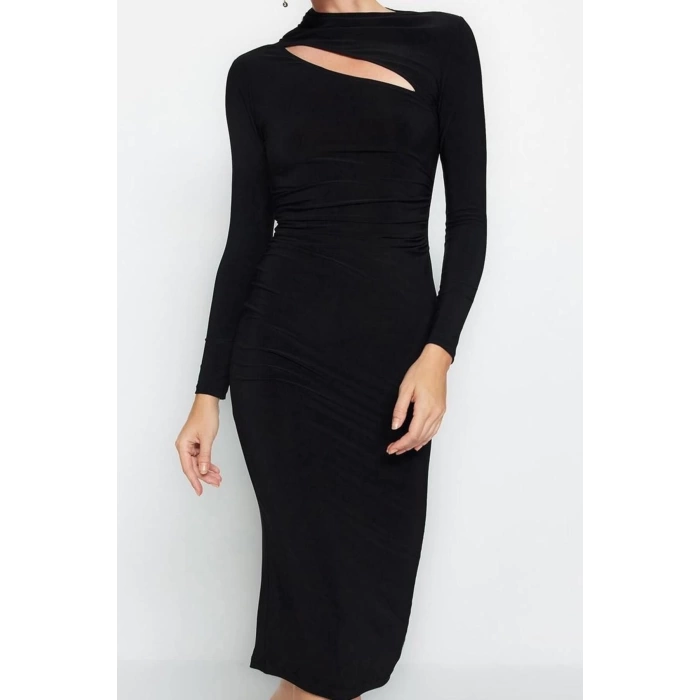 Women Fashion Stylish Midi Length Stand Collar Slim Cut Out Detailed Fitted Body-Smoothing Flexible Knitted Dress