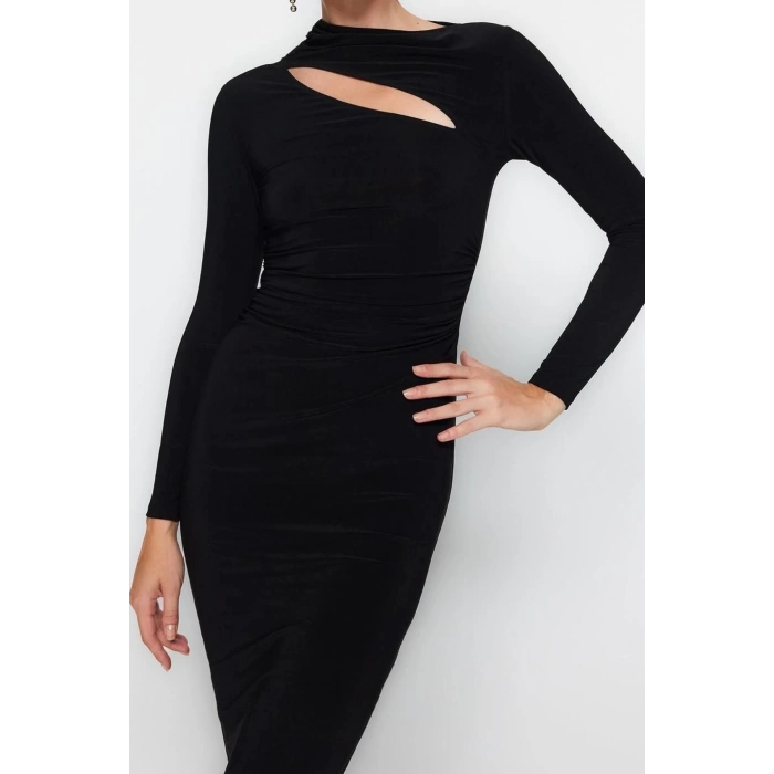 Women Fashion Stylish Midi Length Stand Collar Slim Cut Out Detailed Fitted Body-Smoothing Flexible Knitted Dress
