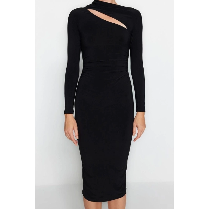 Women Fashion Stylish Midi Length Stand Collar Slim Cut Out Detailed Fitted Body-Smoothing Flexible Knitted Dress