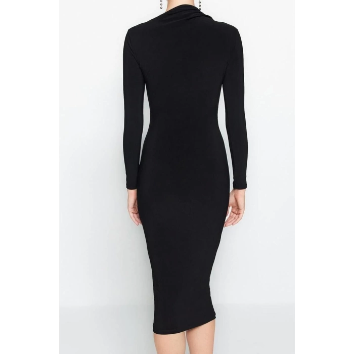 Women Fashion Stylish Midi Length Stand Collar Slim Cut Out Detailed Fitted Body-Smoothing Flexible Knitted Dress
