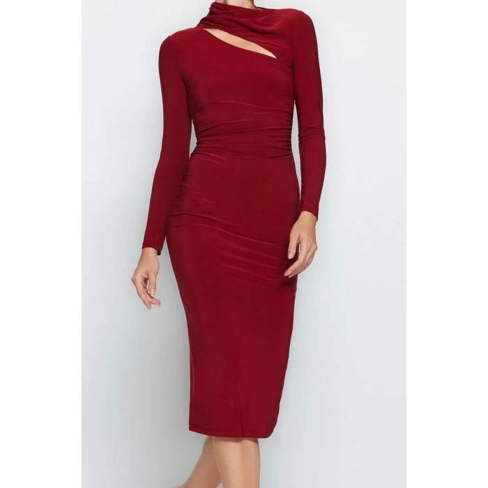 Women Fashion Stylish Midi Length Stand Collar Slim Cut Out Detailed Fitted Body-Smoothing Flexible Knitted Dress