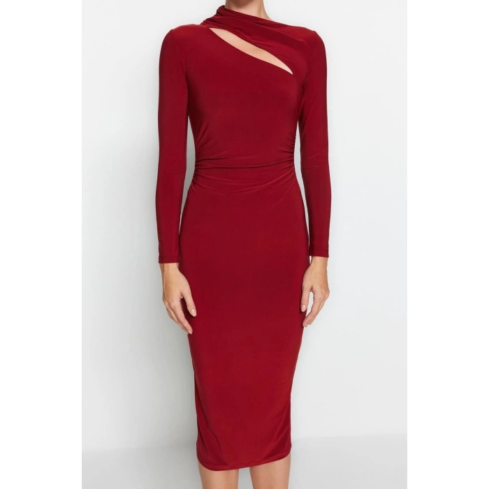 Women Fashion Stylish Midi Length Stand Collar Slim Cut Out Detailed Fitted Body-Smoothing Flexible Knitted Dress