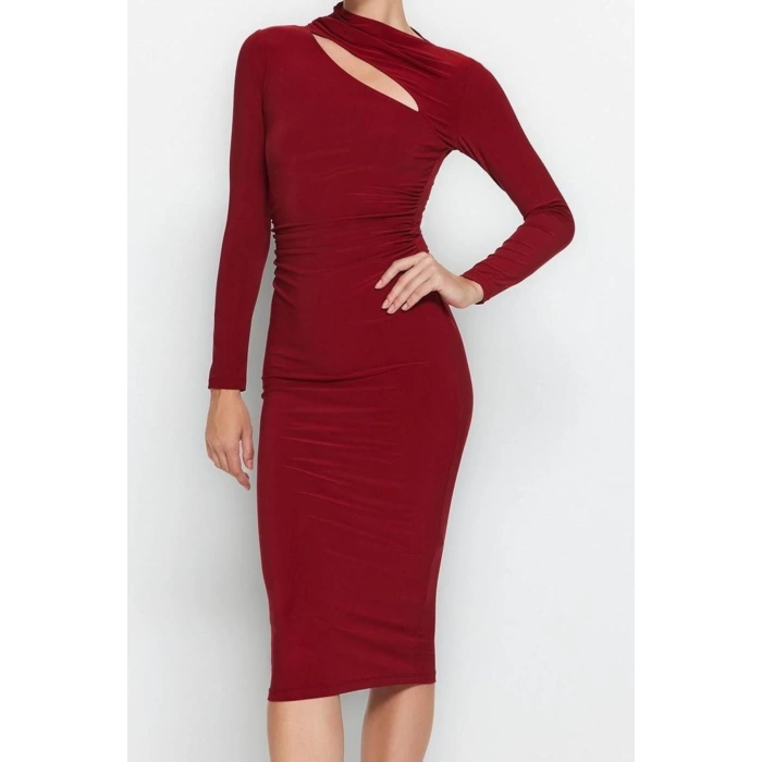 Women Fashion Stylish Midi Length Stand Collar Slim Cut Out Detailed Fitted Body-Smoothing Flexible Knitted Dress