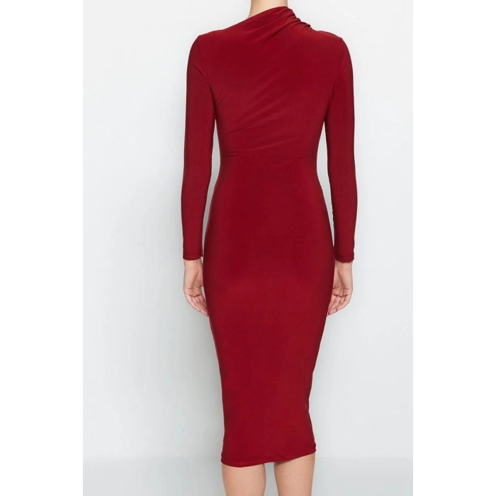 Women Fashion Stylish Midi Length Stand Collar Slim Cut Out Detailed Fitted Body-Smoothing Flexible Knitted Dress