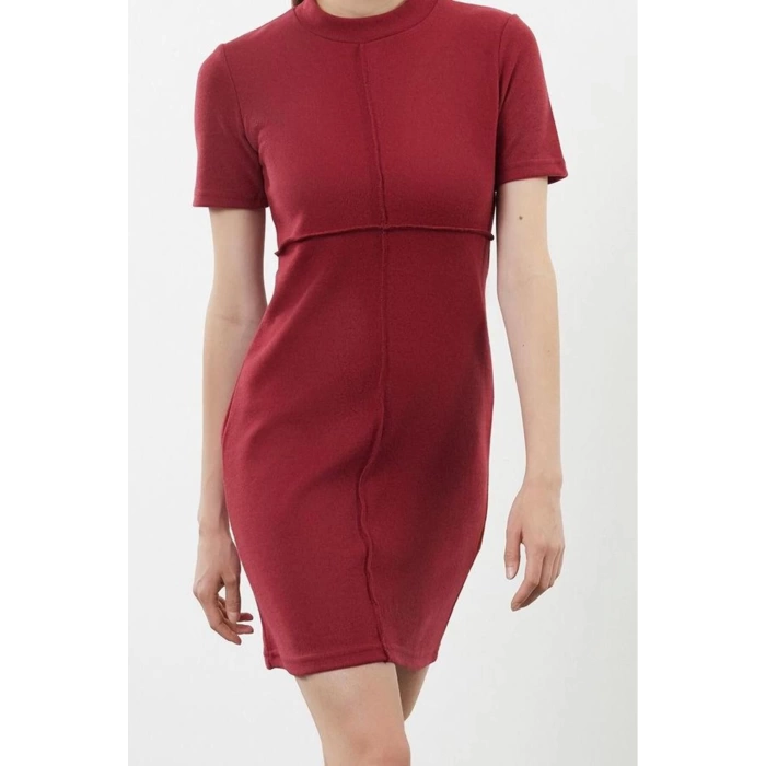 Kadın Moda Şık Mini Boy Dik Yaka Regular A Kesim Çan Form Selanik Triko Görünümlü Örme Elbise