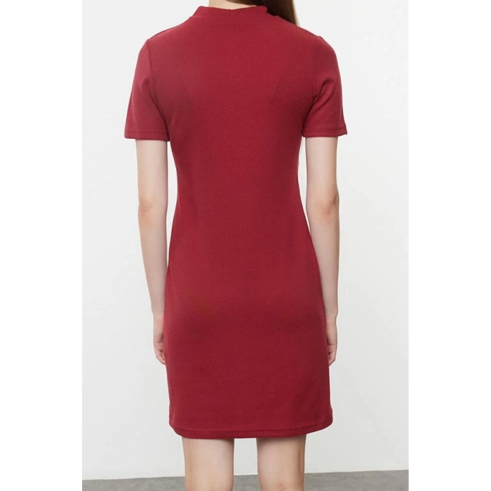 Kadın Moda Şık Mini Boy Dik Yaka Regular A Kesim Çan Form Selanik Triko Görünümlü Örme Elbise