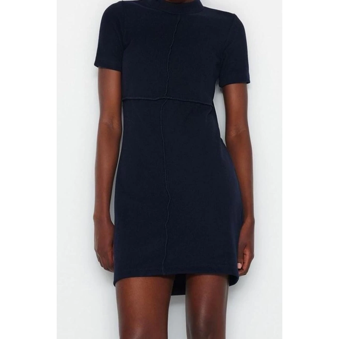 Kadın Moda Şık Mini Boy Dik Yaka Regular A Kesim Çan Form Selanik Triko Görünümlü Örme Elbise