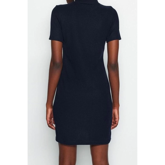 Kadın Moda Şık Mini Boy Dik Yaka Regular A Kesim Çan Form Selanik Triko Görünümlü Örme Elbise