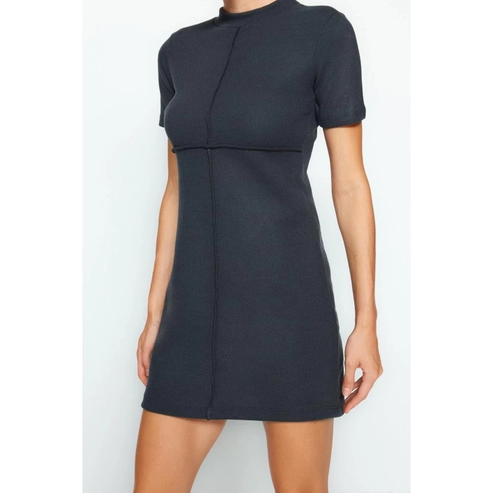 Kadın Moda Şık Mini Boy Dik Yaka Regular A Kesim Çan Form Selanik Triko Görünümlü Örme Elbise
