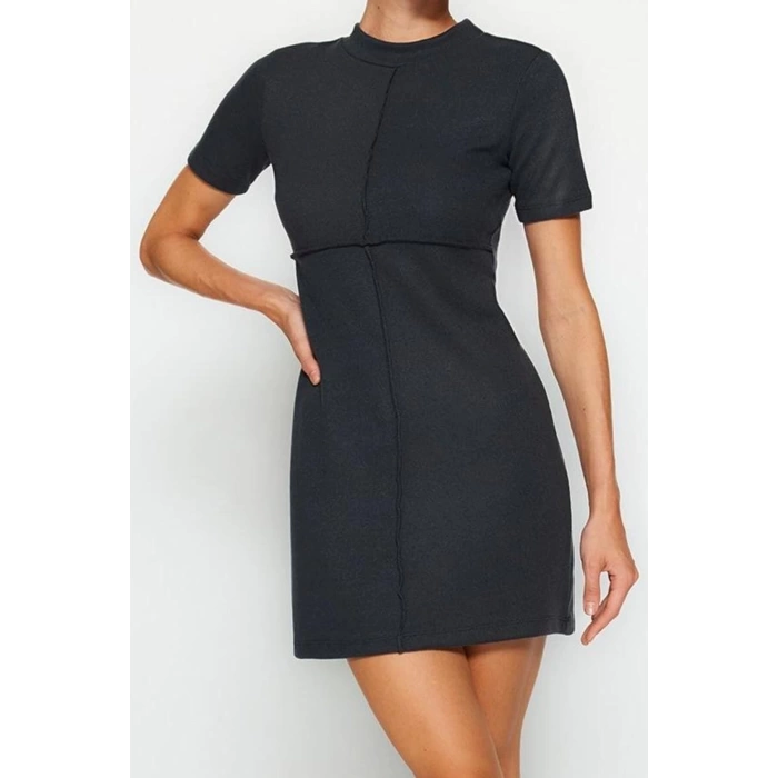 Kadın Moda Şık Mini Boy Dik Yaka Regular A Kesim Çan Form Selanik Triko Görünümlü Örme Elbise