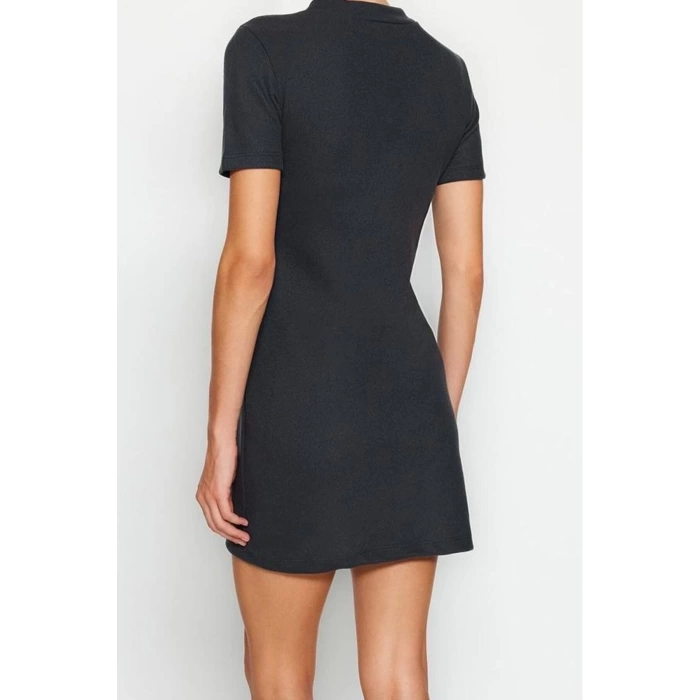 Kadın Moda Şık Mini Boy Dik Yaka Regular A Kesim Çan Form Selanik Triko Görünümlü Örme Elbise